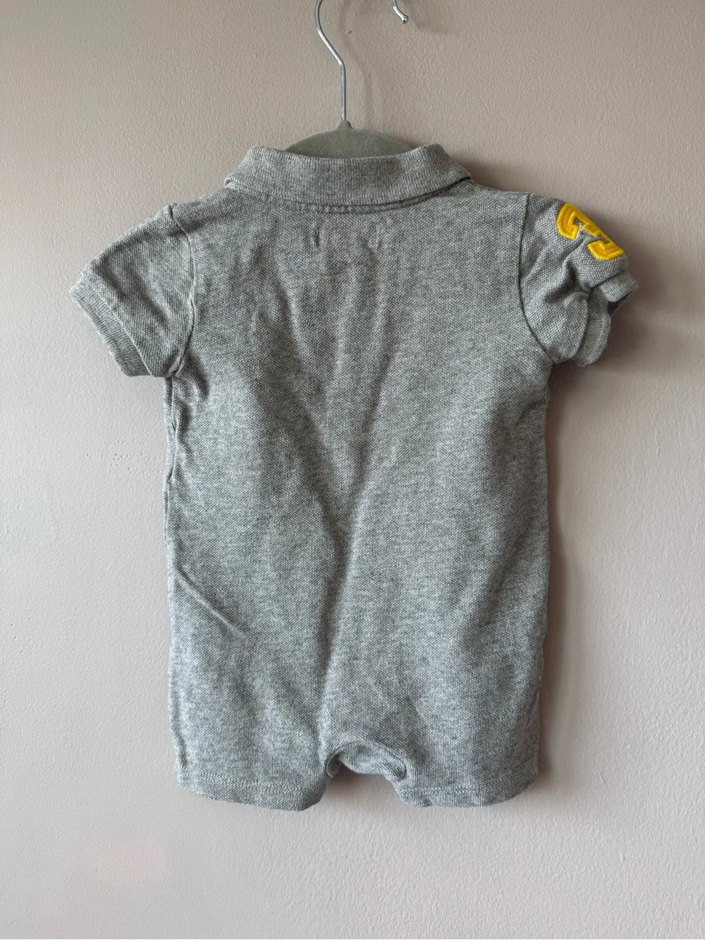 Ralph Lauren Baby Boys Gray Yellow Number 3 Shorts One Piece Romper 3 months